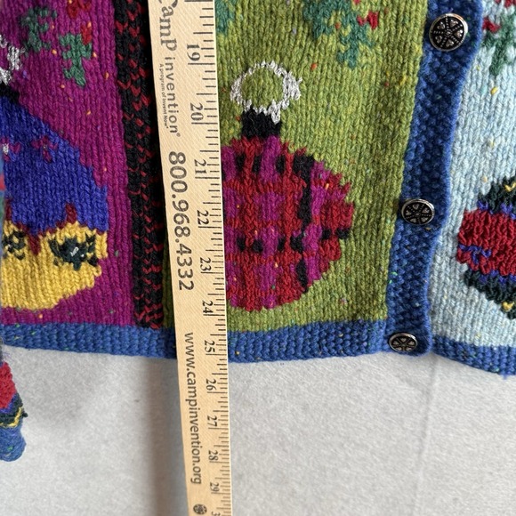 Talbots Hand Knit "Christmas Ornament" Wool Patchwork Sweater Cardigan Sz L - Picture 4 of 6